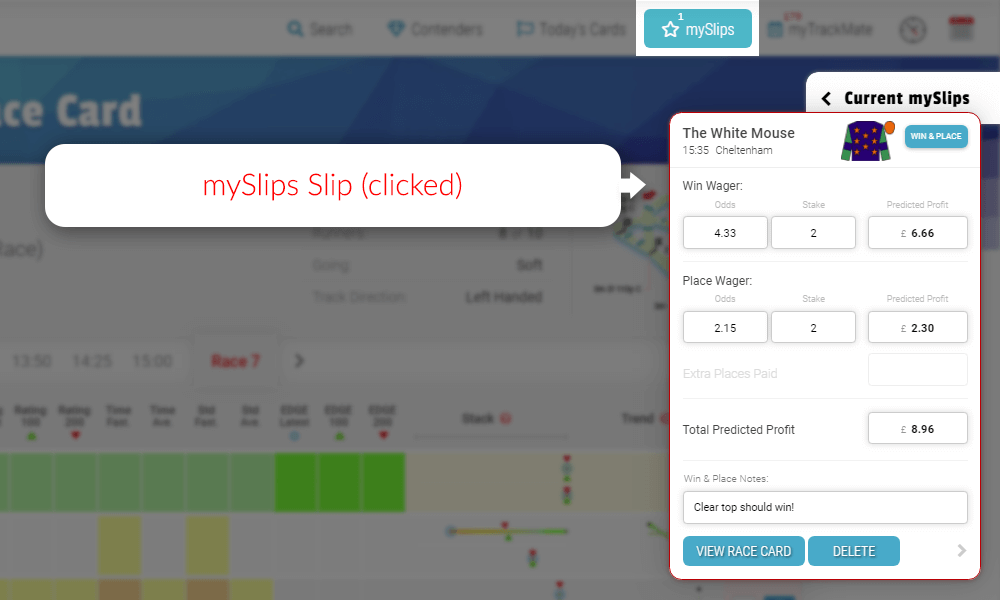 Sample Race Card mySlips Clicked - TrackMate